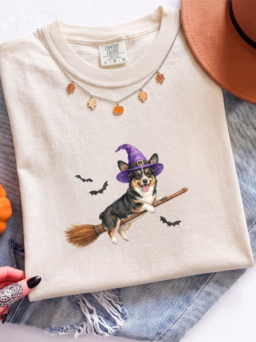Comfort Colors Ivory Halloween Corgi Witch Tee with Purple Hat